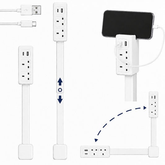 Mrlunaro adjustable outlet extender shown with phone stand, USB cables, and multiple positioning options for bed, sofa and desk use